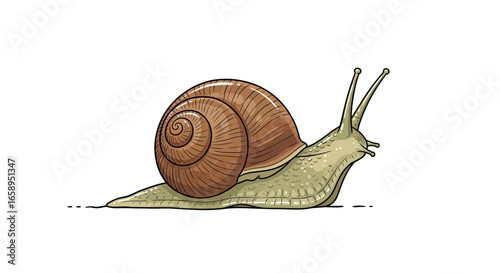Cartoon snail illustration with brown shell and antennae isolated on white background for graphic design projects and educational resources