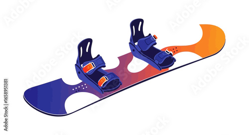 Vibrant snowboard illustration showcasing bindings and a gradient design for winter sports promotion