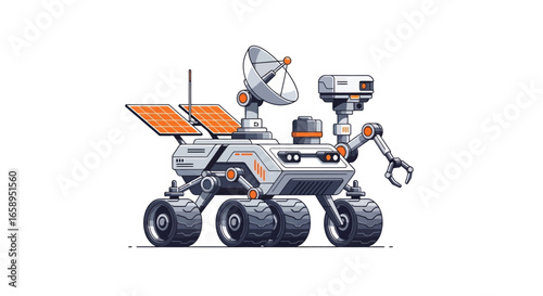 Stylized rendering of a future rover with solar panels and satellite dish, isolated against a clean white backdrop