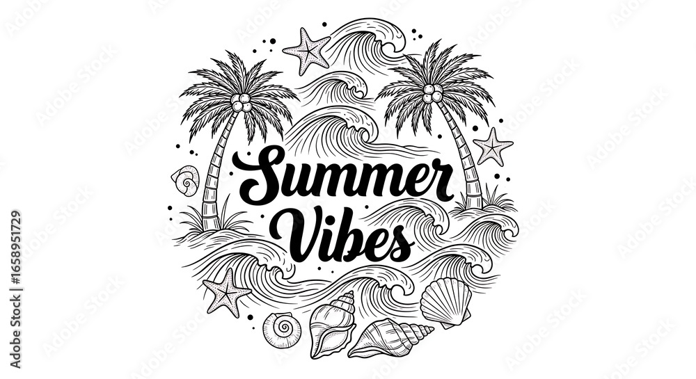 Naklejka premium Summer Vibes Illustrated Scene with Palm Trees and Ocean Waves