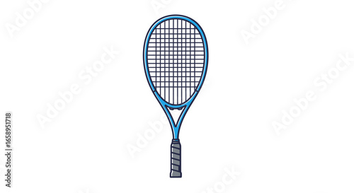Vibrant depiction of a blue tennis racket, rendered in a minimalist, cartoon style graphic illustration isolated on a clean, white backdrop