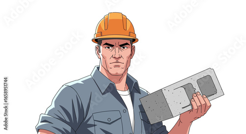 Cartoon Builder Holding Cinder Block with Determined Expression Isolated
