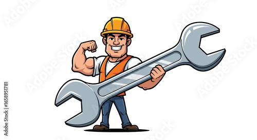Cartoon builder strongman flexing while holding a large wrench symbol