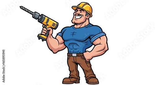 Cartoon construction worker holding drill with powerful and muscular physique
