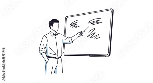 Delineated illustration portraying a lecturer expounding details on a whiteboard presentation