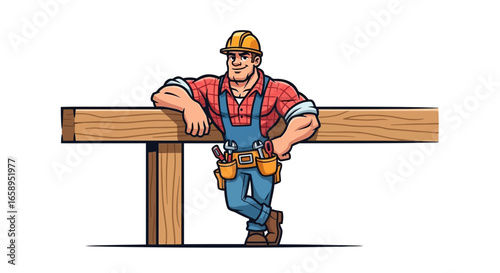 Cartoon construction worker leaning on wooden structure, handyman profession