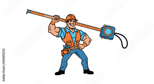 Cartoon constructor with measuring tape showcasing contractor work and precision