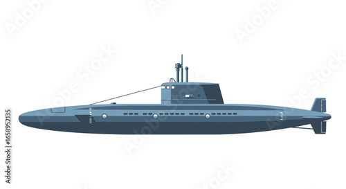 Detailed vector illustration showcasing the silhouette of an underwater military submarine vessel in a stylized design against white background