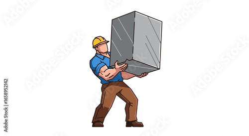Cartoon illustration of a construction worker carrying a heavy concrete block