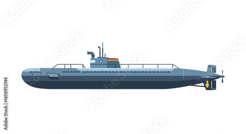 Navy vessel illustration depicting a submerged attack craft on a pristine backdrop is shown. The submarine is rendered in flat, vector style
