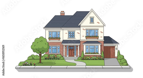 Charming two-story suburban home with a well-manicured lawn and garden, rendered in a clean, cartoon style illustration emphasizing cozy residential