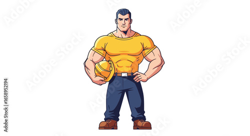 Cartoon illustration of muscular construction worker with safety helmet