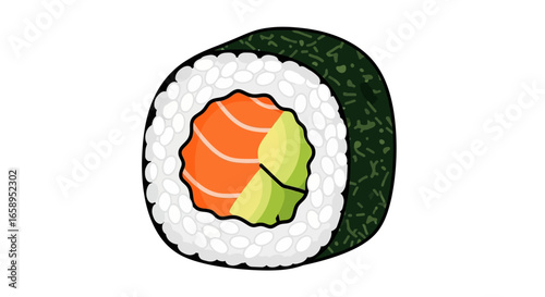 Sushi roll graphic illustration featuring fresh salmon and creamy avocado, wrapped in rice and seaweed with a clean, minimalist style