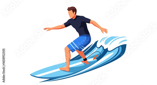 Dynamic vector illustration featuring a surfer riding a stylized wave with expert balance and fluid movement, showcasing the thrill and skill of