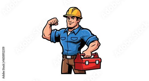 Cartoon style illustration of a strong builder or repairman character