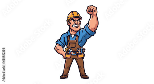 Cartoon style muscular builder celebrating success with clenched fist