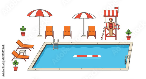 Stylized swimming pool illustration featuring lounge chairs, umbrellas, lifeguard, plants and other summer elements conveying relaxation and