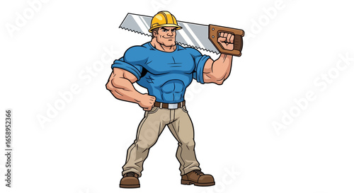 Cartoon style muscular builder posing with handsaw isolated on white