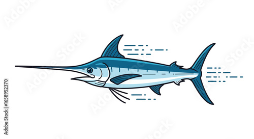 Blue marlin cartoon illustration representing speed and agility in marine life portraying streamlined design and dynamic movement in a minimalist