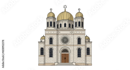 Architectural Drawing of an Elaborate Synagogue with Golden Domes and Star of David Details standing out against a white backdrop