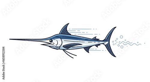 Stylized swordfish illustration showcases streamlined design with implied motion elements conveying speed and ocean life concept