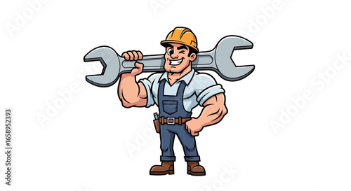 Cartoon style strong worker holding a wrench on white studio background