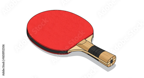 Close-up isometric illustration of a red table tennis racket on a white background showcasing its design and structure with clear detail and shadows