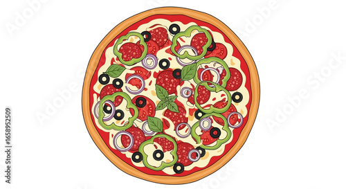 Cartoon style pizza featuring pepperoni, green peppers, black olives and fresh basil leaves, perfect for illustrating a fast food menu, delivery app
