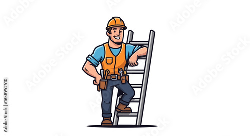 Cheerful construction worker leaning on a ladder, ready for new projects