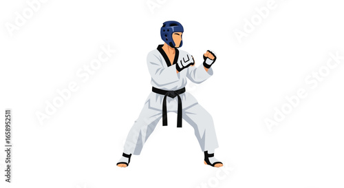 Focused martial artist poised in fighting stance wearing protective gear and white uniform ready for combat representing discipline and strength