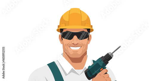 Cheerful construction worker wearing safety gear with a drill in hand