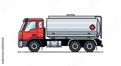 Stylized vector illustration of a red fuel truck with a silver tank on a white background