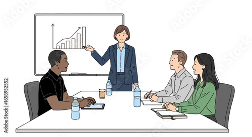 Engaging business presentation showcasing positive growth trends to diverse team members at a modern conference table illustration style