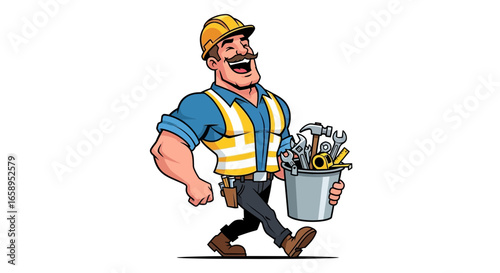 Cheerful contractor walking with a bucket full of tools in his hand