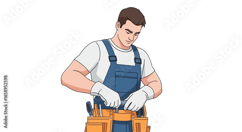 Concentrated tradesman with toolbelt working on repair, white background