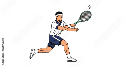 Dynamic tennis player illustration hitting a ball with focus and determination featuring a modern minimalist design full length motion shot