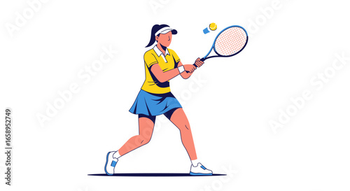 Dynamic vector illustration of a woman playing tennis with focused energy and determination on an isolated background showcasing an athletic prowess