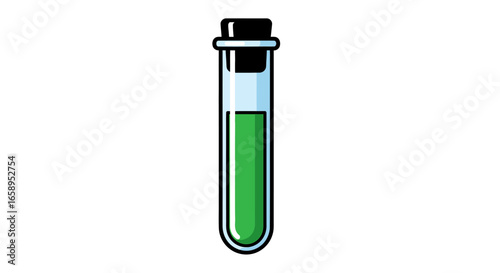 Illustration of a green liquid substance inside a laboratory test tube vial with a black stopper, isolated on a white background