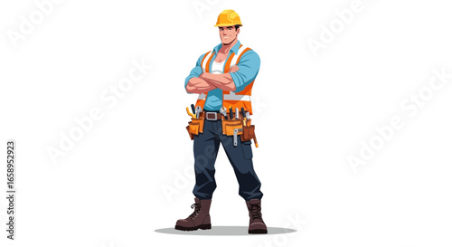 Confident construction worker with crossed arms wearing safety equipment
