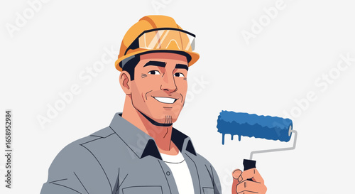 Confident painter holding paint roller, wearing protective gear and smiling