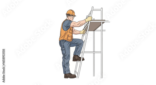 Construction worker climbing a metal scaffolding ladder on white background