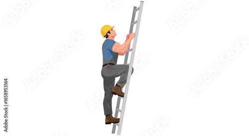 Construction worker climbing ladder professionally with safety gear outdoors