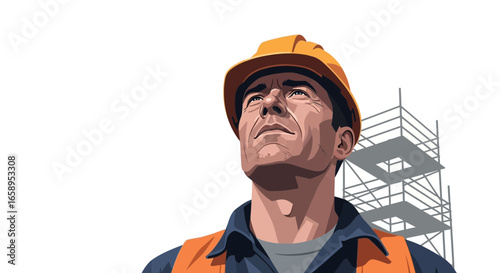 Construction worker with hardhat looks up towards scaffolding structure