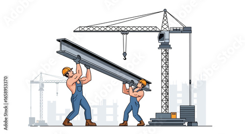 Construction Workers Carrying Steel Beam at Construction Site with Crane