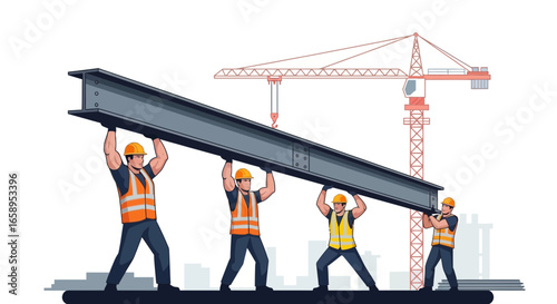 Construction workers lifting a steel beam with crane in background illustration