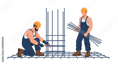 Construction Workers Securing Rebar Structure on Foundation Slab with Expertise