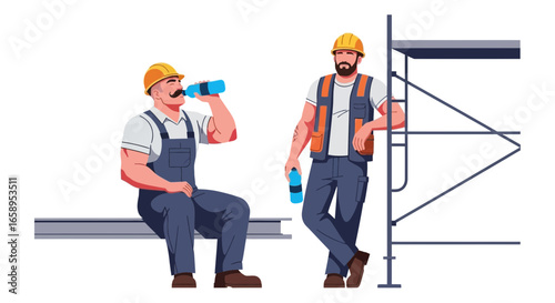 Construction Workers Taking a Break Enjoying Hydration After Hard Workday