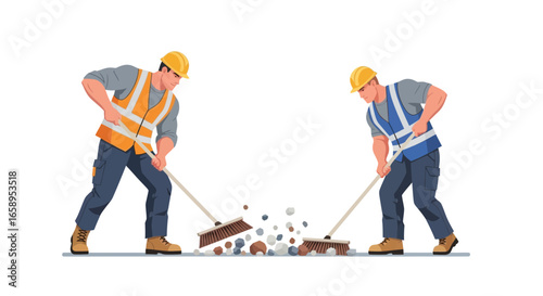 Construction workers tidying debris, symbolizing hard work and collaboration
