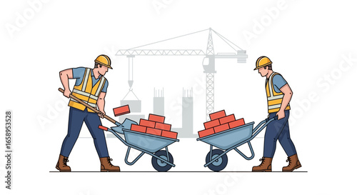 Construction workers transporting bricks with wheelbarrows on a building site