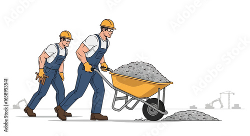 Construction Workers Transporting Material in Wheelbarrow on a Construction Site
